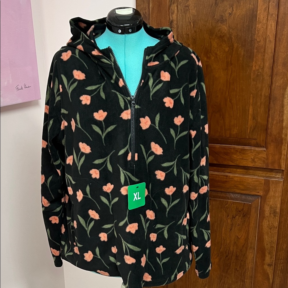 O'Neill Black Hooded Teddy Jacket with Coral Floral Pattern